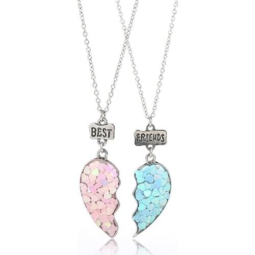 1Set Pink Blue Heart Childrens Friendship Alloy Sweater Necklace For Girl Jewelry Best Friend Gifts Kids Jewelry Fashion Choker