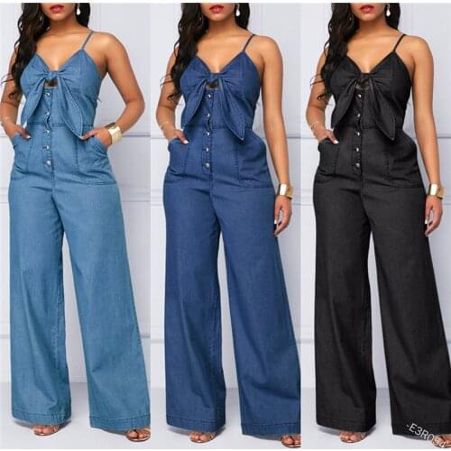 HIRIGIN Summer Womens Denim Jumpsuit Sexy High Waist Wide Leg Long Pants Romper Front Tie Knotted Jeans V-neck Overalls 2021