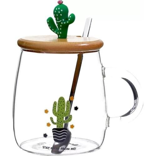 Cute Cactus Tea Mug with Wooden Lid and Spoon Borosilicate Glass Coffee Mug 450ml Clear Drinking Cup for Fruit Juice Coffee Tea