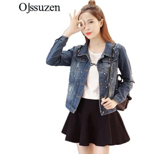 3XL,4XL,5XL Vintage Spring Women Denim Jacket Plus Size Jacket Female Loose Jeans Pearl Jacket Women Coat Outerwear