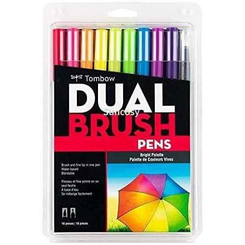 Tombow 56185 Dual Brush Pen Art Markers, Bright, 10-Pack. Blendable, Brush and Fine Tip Markers