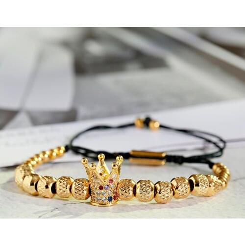 Mens Fashion 6MM Copper Bead Adjustable Bracelet Luxury Gold Color Copper Inlaid Zircon Beaded Bracelet 2020 Jewelry Gifts