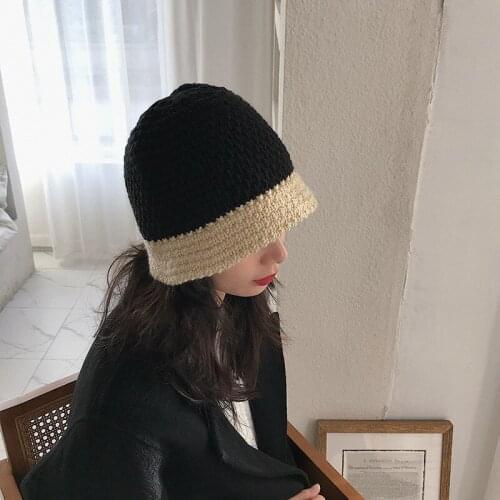 Stitching Color Knitted Basin Bucket Hat Women Versatile Casual Lovely Wool Fishermans Hat Autumn And Winter Hats For Women
