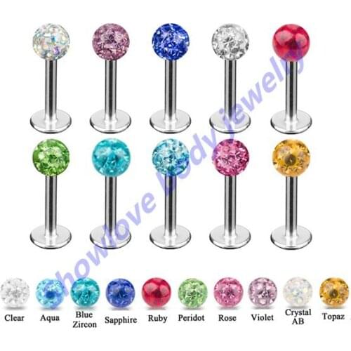 Showlove Lot of 10pc mixe color Ferido Ball epoxy CZ gem ball labret lip studs piercing stainless steel lip Monroe body jewelry