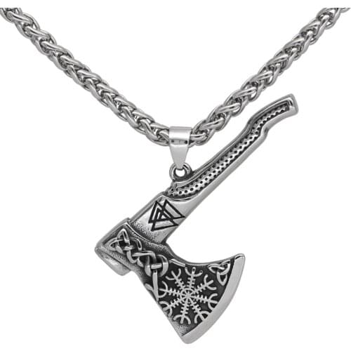 Nordic viking axe necklace valknut stainless steel viking jewelry men with valknut gift bag