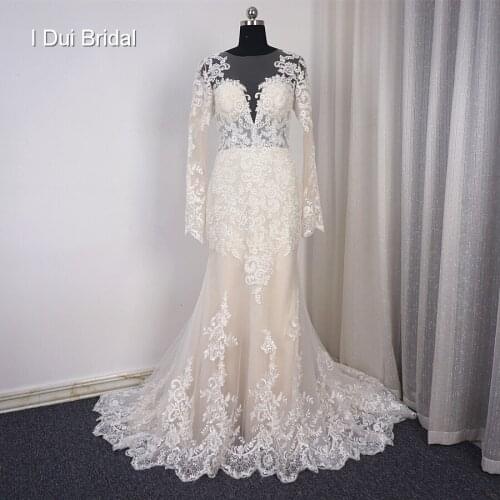 Long Sleeve Mermaid Light Champagne Wedding Dresses with Lace Appliqued Illusion Back Custom Made