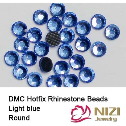 Light Blue Glitter Round Flatback Glass DMC Hotfix Rhinestones Glue Backing Iron On Strass Diamonds For Wedding Dresses Supplies