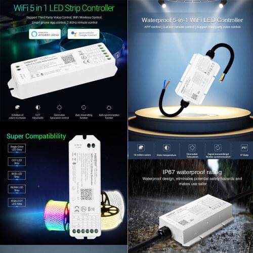 Miboxer LED Strip Light WiFi 5 in 1 Controller Single color/CCT/RGB/RGBW/RGB+CCT IP67 Lamp tape Dimmer DC 12V 24V WL5 / WL5-WP
