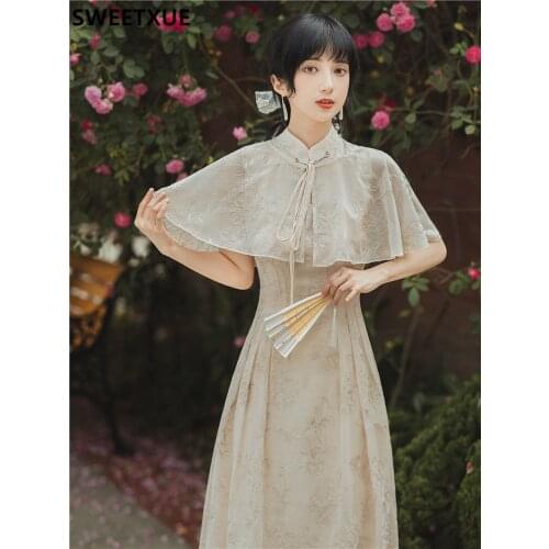 SWEETXUE Summer French Chic Retro Improved Cheongsam Dress Gentle Elegant Shawl Fairy Party Dress Female Vestidos Robe Mujer