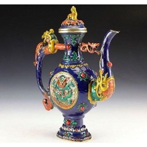 Oriental Vintage Collectible Colored enamel Handwork Copper Dragon Teapot