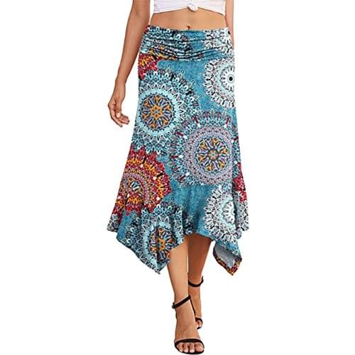 2021 Summer New Women Fashion Casual Elegant Skirt Floral Print Asymmetrical Zipper Female Mid-calf Skirts Юбка Летняя #T2G