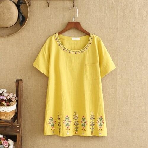 Plus Size Shirt Short Sleeves O-Neck Natural Cotton And Linen Fabric Embroider Flower Design Chinese Style For Fatlady In Summer