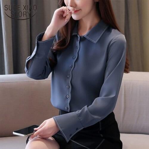 Fashion Casual Korean New Elegant Spring Solid Pink Chiffon Ladies Shirts Long Sleeve Women Tops and Blouses Female 8274 50
