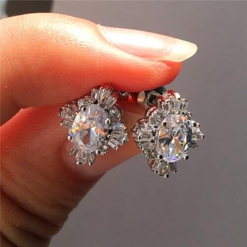 Crystal Female Snowflake Earrings Fashion Silver Color Wedding Earrings For Women Luxury White Oval Stud Earrings