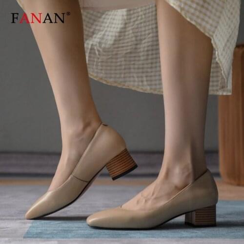 FANAN Basic Pumps Women Shoes 4CM High Heels Square Toe Nature Sheepskin Woman Pumps Spring Elegant Ladies Office Worker Shoes