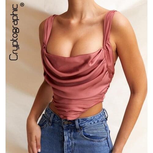 Cryptographic Rose Satin Cowl Neck Draped Corset Top Club Party Sexy Backless Ruched Bustier Tops Sleeveless Tops Zipper Summer