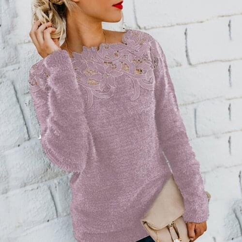 Women Solid Color Sweaters O Neck Long Sleeve Floral Lace Pullover Plus Size Sweater Autumn Winter Casual Loose Kniited Top