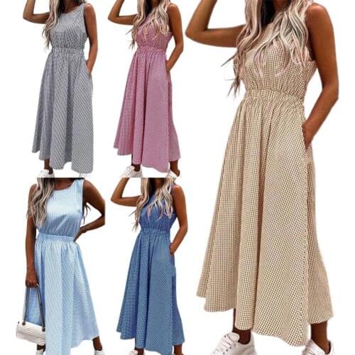 Women Fashion Graceful Sleeveless Dress Breathable Mid Waist O Neck Maxi Dress for Dating Daily Streetwear