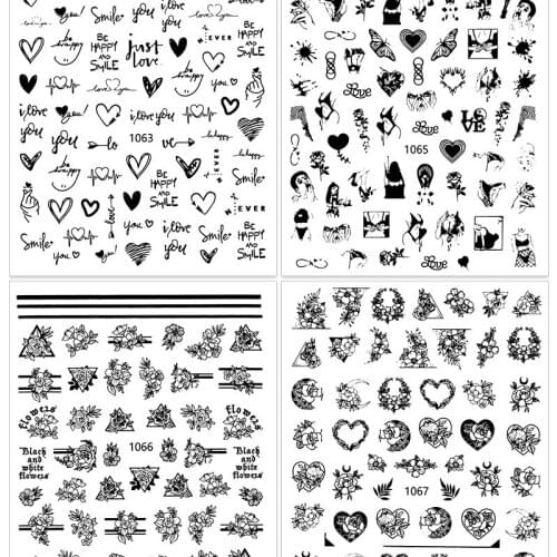 1piece of Nail Art Sticker Geometric Love Flower Sexy Lips 3D Black and White Design Nail Art Adhesive Accessorie Decoration Hot