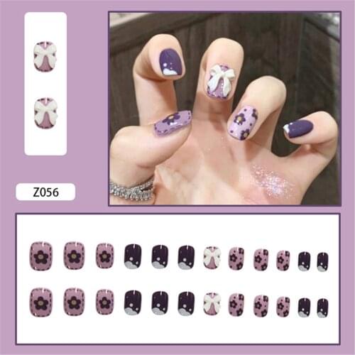 24pcs Purple Flower Design Wear Short Paragraph Fashion Manicure Patch False Nails Save Time Wearable Nail Patch SK88
