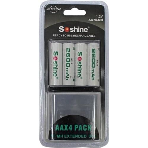 4pcs Soshine RTU Low self-discharge 2600mAh AA battery 1.2V Ni-Mh Rechargeable Battery with Battery Box