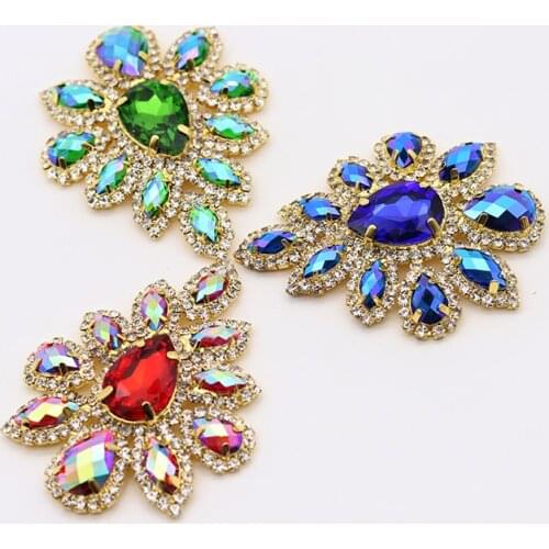 5.8*4.5cm Glass+resin Colorful rhinestone applique Gold Base Belt Applique Sew on Rhinestone For Party Wedding Dress Decoration