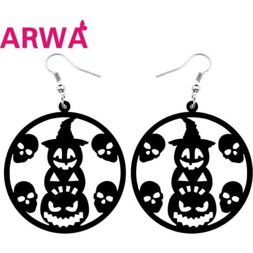 ARWA Acrylic Halloween Pumpkin Demon Skeleton Skull Earrings Round Circle Hollow Drop Dangle For Teen Girl Charm Party Gifts