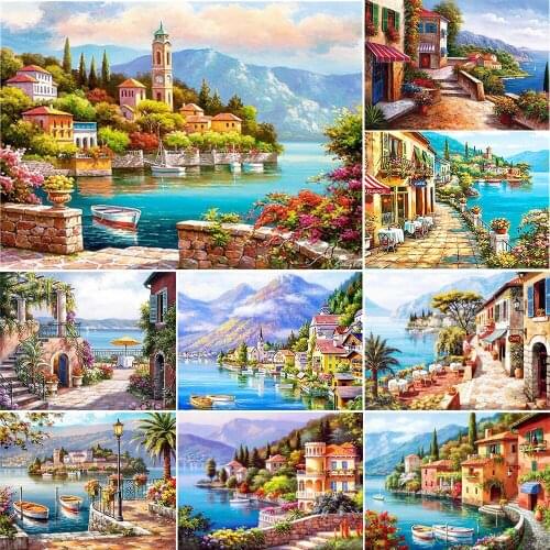 QIZITENG 5D DIY Diamond Painting Landscape Painting Diamond Inlaid Seaside Town Scenery Full Square/Round Home Decoration Gift