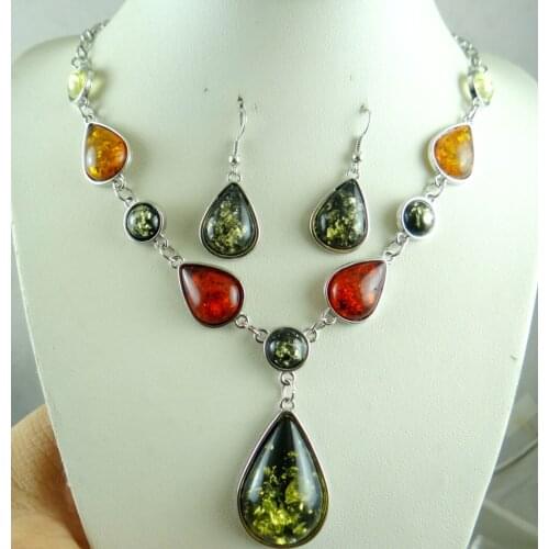 Free shipping Fashion Precious Modernist TEARDROP GOLDEN HONEY PRESSED AMBERS NECKLACE jewellery making C26