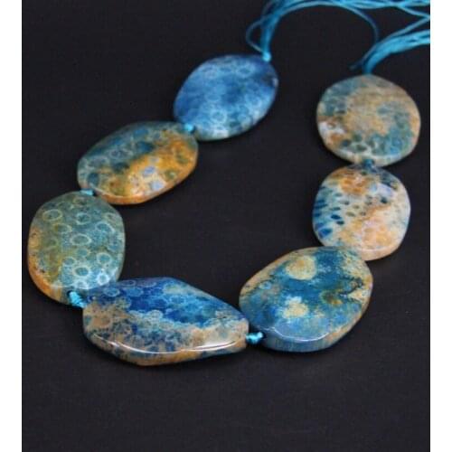 Approx7PCS/strand Natural Blue Coral Jades Faceted Slab Nugget Loose Beads,Raw Ocean Chrysanthemum Stone Slice Pendants Jewelry