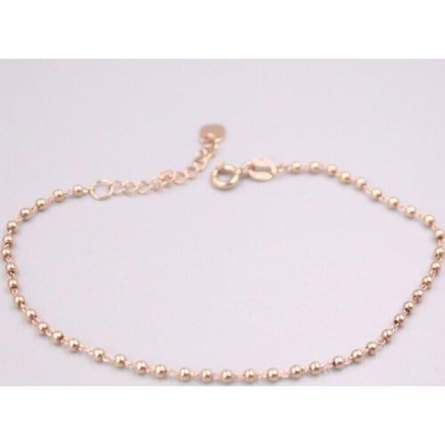 Pure 18K Rose Gold Bracelet 2mm Smooth Glossy Beads Link Chain Adjustable Bracelet Woman Gift 2.3g