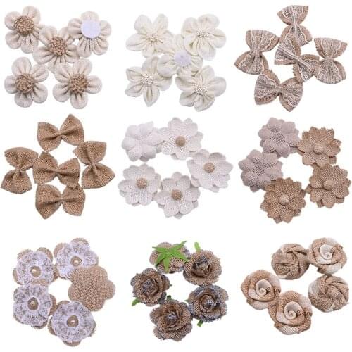 5pcs/lot Handmade Burlap Flowers Heads Vintage Hessian Bowknot Flower Rustic Wedding Party Decoration Centerpieces Roses Decor