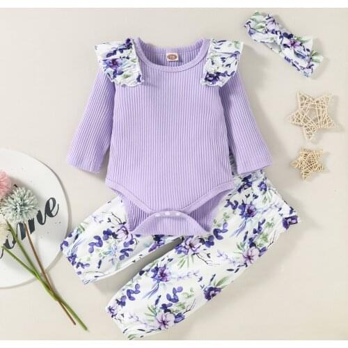 0-12 M Baby Girls Clothes Fall Set Floral Print Long Sleeve O-neck Ribbed Romper Tops + Print Trousers + Bow-knot Headband