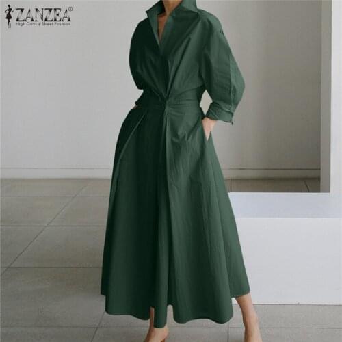 ZANZEA Femme Elastic Waist Vestido High Waist Casual Robe Long Dresses Female Clothing Saias Longas Full Sleeve Pockets Dress