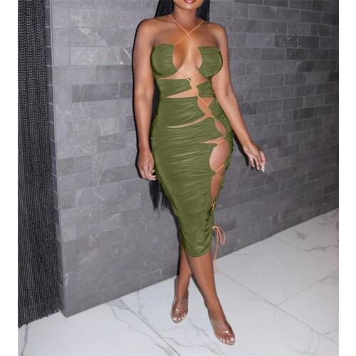 Women Sexy Midi Dress Plus Size Halter Sleeveless Drawstring Bodycon Clubwear Hollow Out Party Ruched Wrap Dress 2021