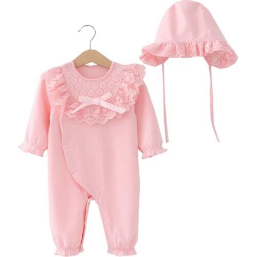 Newborn Cute First Birthday Clothes Sets Lace 100% Cotton Long Sleeve Rompers+Cap Girls Clothing Suit Bebes Infantil Outfits