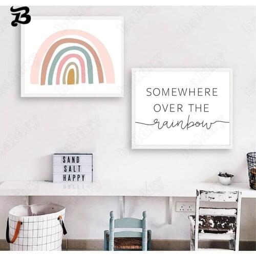 Colorful Rainbow Art Canvas Painting Wall Art Pink and Yellow Nordic Poster Print Wall Pictures for Babys Bedroom Decoration