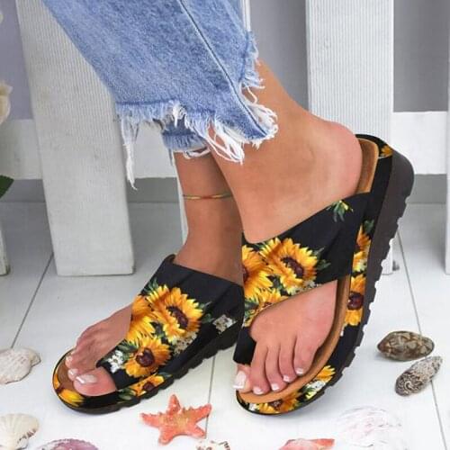 Fashion Womens Flats Colored Sunflower Slippers Wedges Open Toe Print Sandals Beach Shoes Roman Slippers Sandals