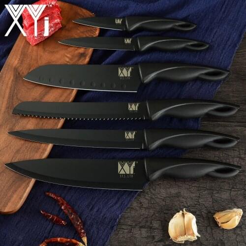 XYj Kitchen Knife Set 6-pieces Stainless Steel Slicing Bread Santoku Utility Paring Knife Vegetable Knives Black Japanese Knives