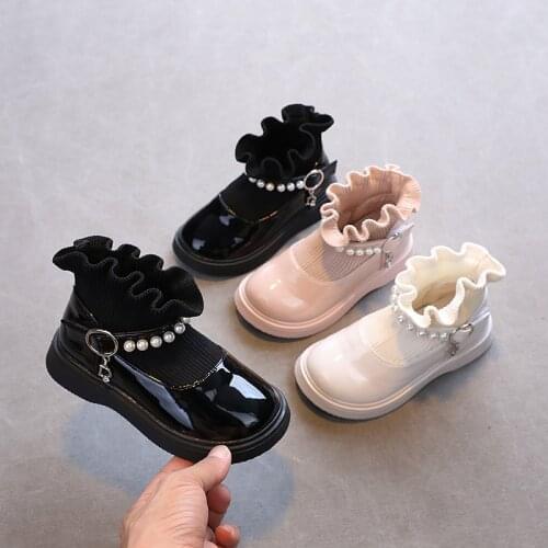 New Elegant Girls Princess Boots 2021 Autumn Winter Children Fashion Pu Pearl Rhinestones Rubber Baby Shoes Kids Girl Bootie