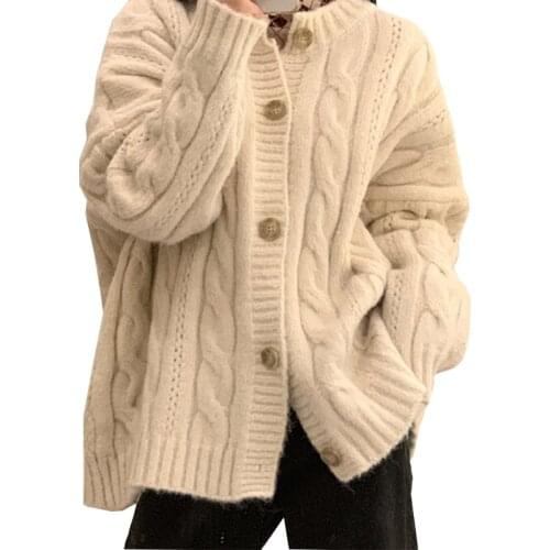 Autumn Winter Womens Cardigan Sweater Korean Style The Retro Solid Color Knitted Cardigan Loose Elasticity Twist Sweater Coats