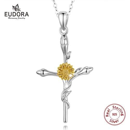 Eudora 925 Sterling Silver Yellow daisy sunflower Cross Pendant Necklaces Fine Jewelry for women girls Romantic best Gift D566