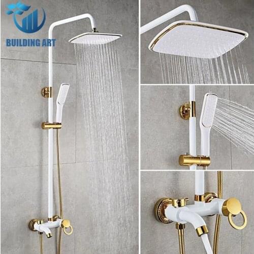 Factory wholesale White Golden Rain Shower Faucet Bathroom Faucet Rain Shower Taps Hot Cold Mixer Shower Crane Height Adjustable