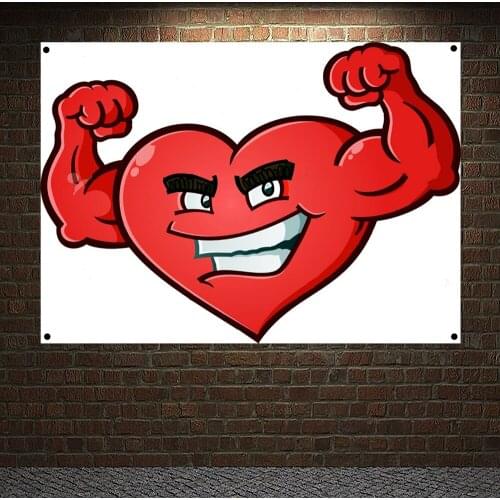 Inspirational Poster Strong Red Heart Workout Banner Wall Art Canvas Painting Tapestry 4 Grommets Custom Flag Gym Wall Decor