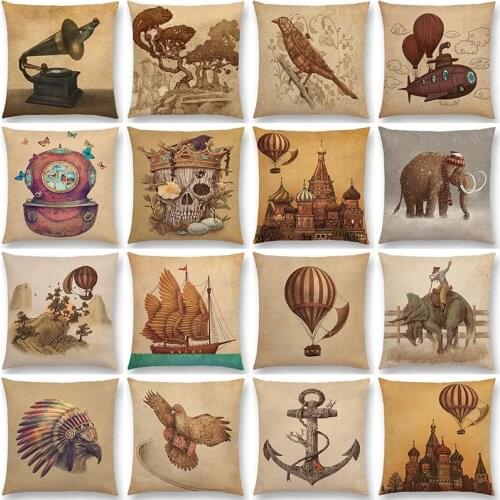 Svintage Cushion Cover gramophone adventure By Airship hot air balloon sailing Home Decor Throw Pillowcase Polyester and linen