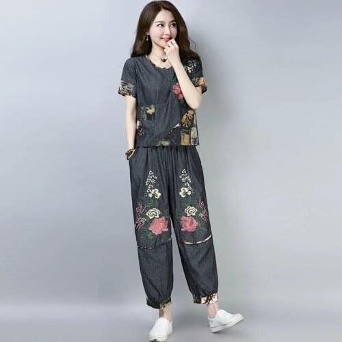 Plus Size Womens Suit Summer Middle Aged Elderly Women Sets Ethnic Retro Loose Embroidered Short Ssleeved Two Piece Suit Mother