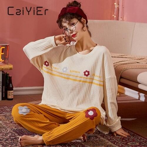 CAIYIER Cute Flower Sleepwear Set For Women Long Sleeve Trousers Cotton Pajamas Set Lovely Girls Soft Underwear Pijamas Mujer