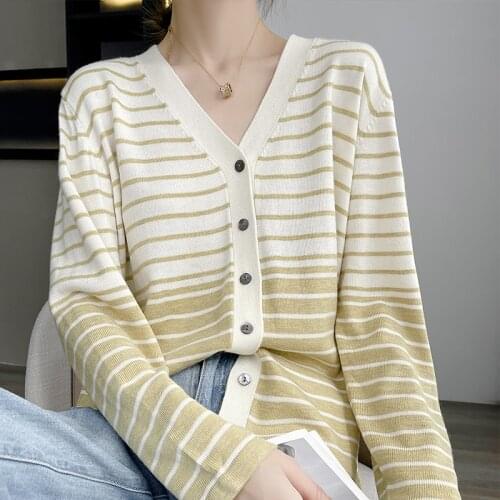 2021Spring New Worsted Wool Cardigan Women' V-Neck Thin Color-block Striped Knit Jacket Loose Fashion Long sleeve Sweater Jacket