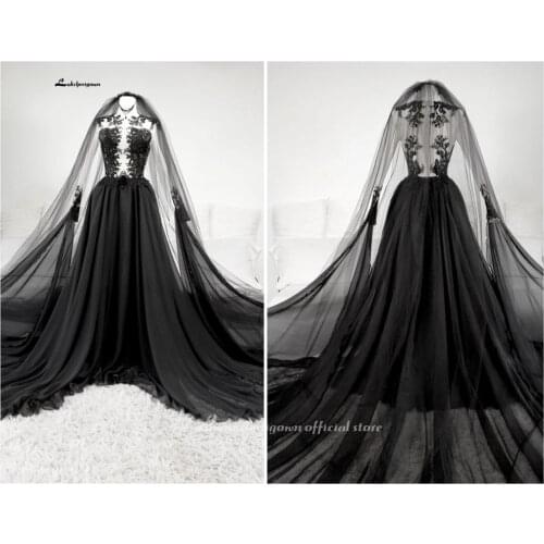 Plus Size Black Chiffon Gothic Wedding Dress with Lace appliques Beach Bohemian Bridal Gown Plus Size Country Bridal Gowns 2021