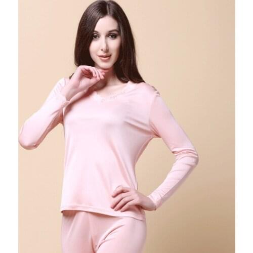Female 100% pure Silk Knitting Lace Collar V Silk Underwear Suit Long Johns